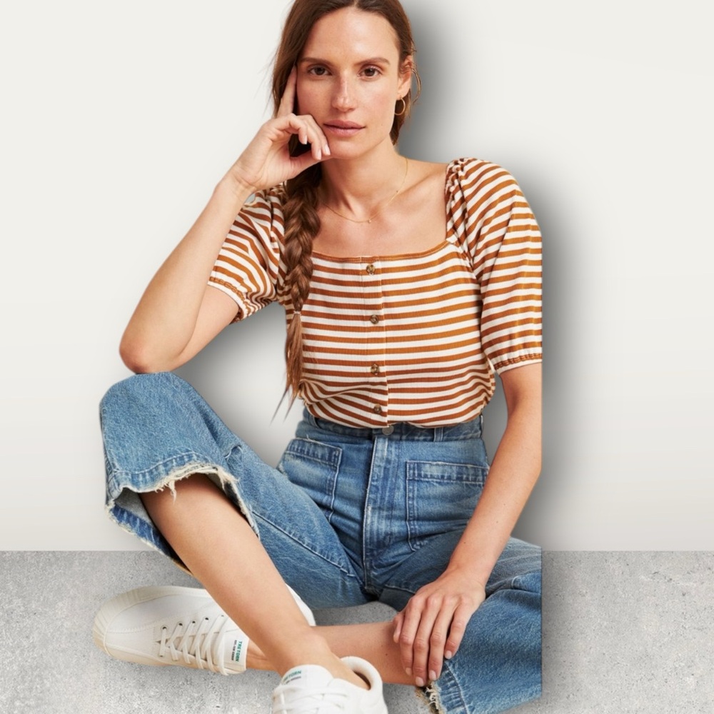 NWT Anthropologie Porridge Jaime Puff Sleeve Top Striped Square Neck Medium